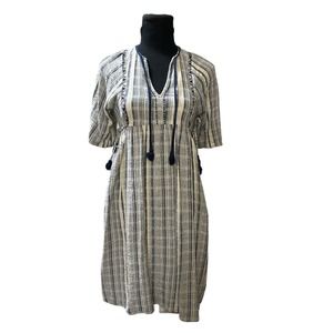 Suncoo Paris Blue and Off White Smock Waist Casual Dress, Size S